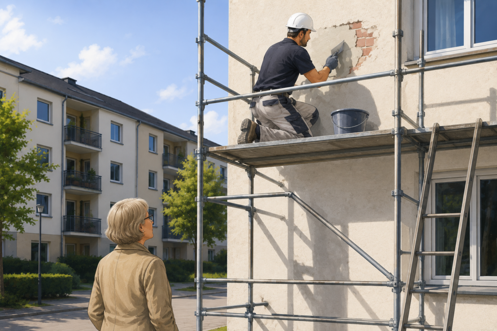 Frau schaut Bauarbeiter zu