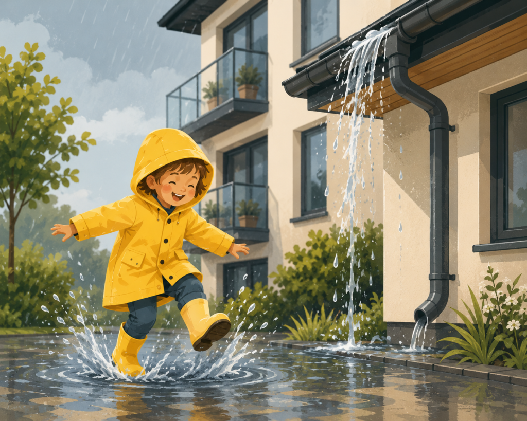 Kind spielt im Regen